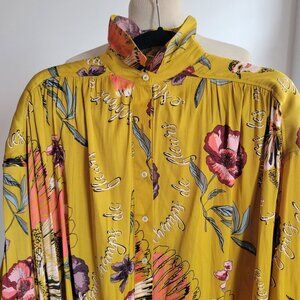 Art House Boho Vibes:Free People Women’s Poly Silk Goldish Coral Shirt (Size:XS)